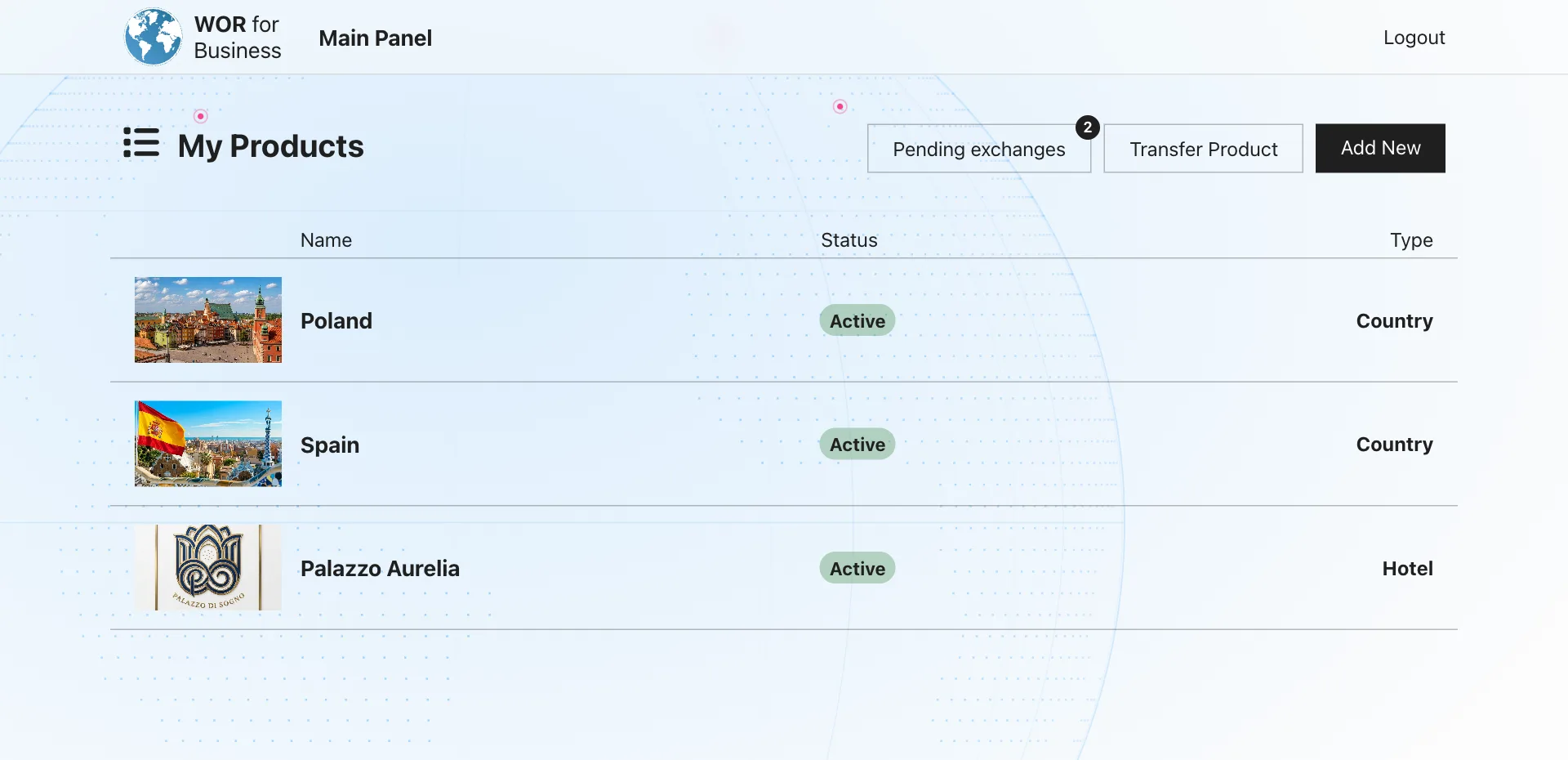 The My Products screen listing three products — two countries and a hotel — each with an Active status, above an Add New button.