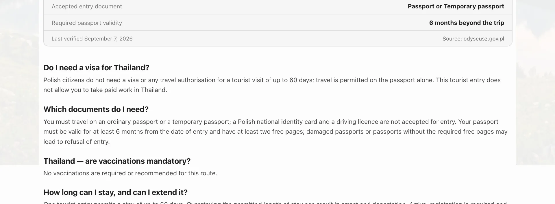 The Poland to Thailand travel-requirements page, showing a visa-free result with a 60-day maximum stay, accepted entry documents, required passport validity and the government source it was verified against.