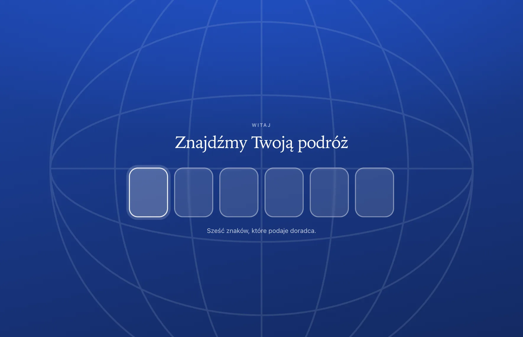 The customer tablet before pairing: six empty character boxes under the heading "Let's find your journey", waiting for the code the advisor reads out. The tablet shows whichever language the operator has set — Polish here.