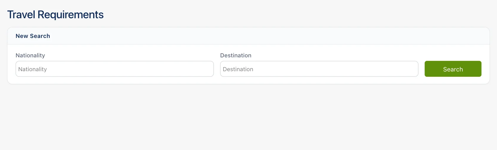 The embedded travel-requirements search: a New Search panel with Nationality and Destination fields and a Search button, styled in a partner's own colours.